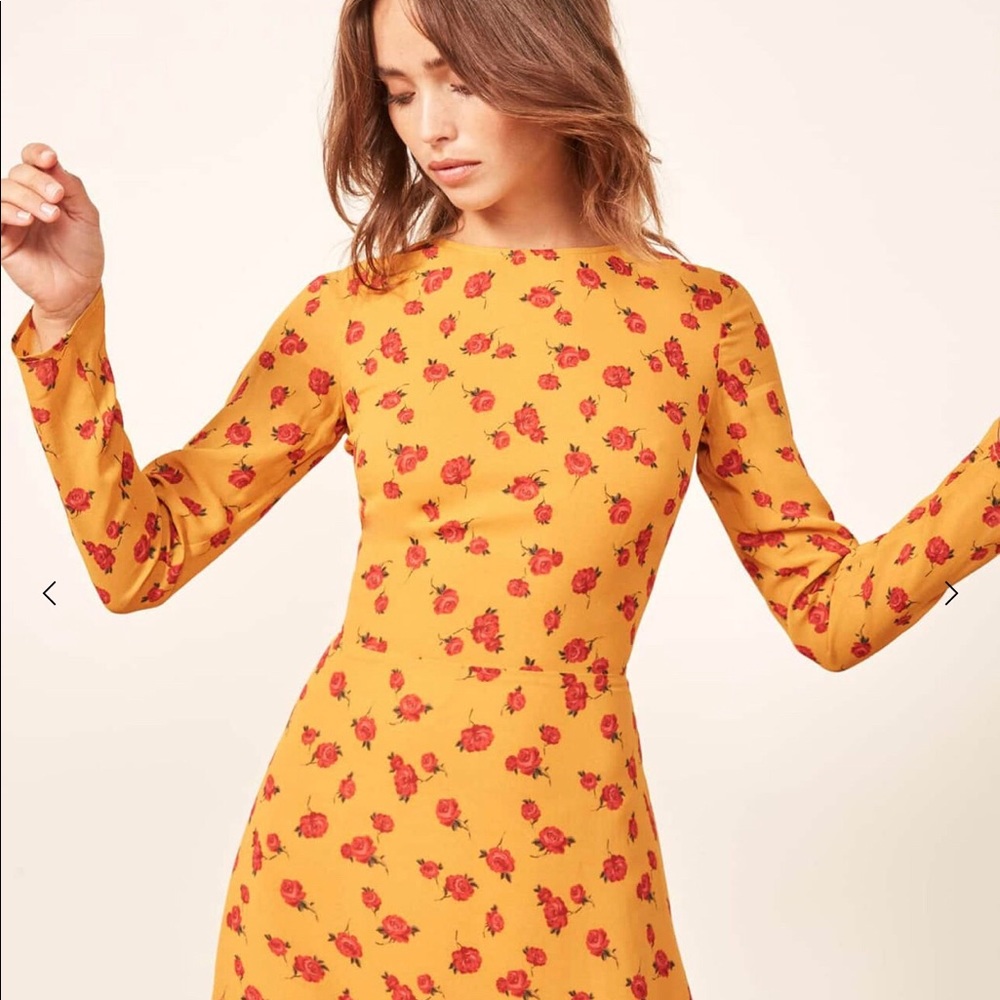 Reformation: yellow mini dress with red roses